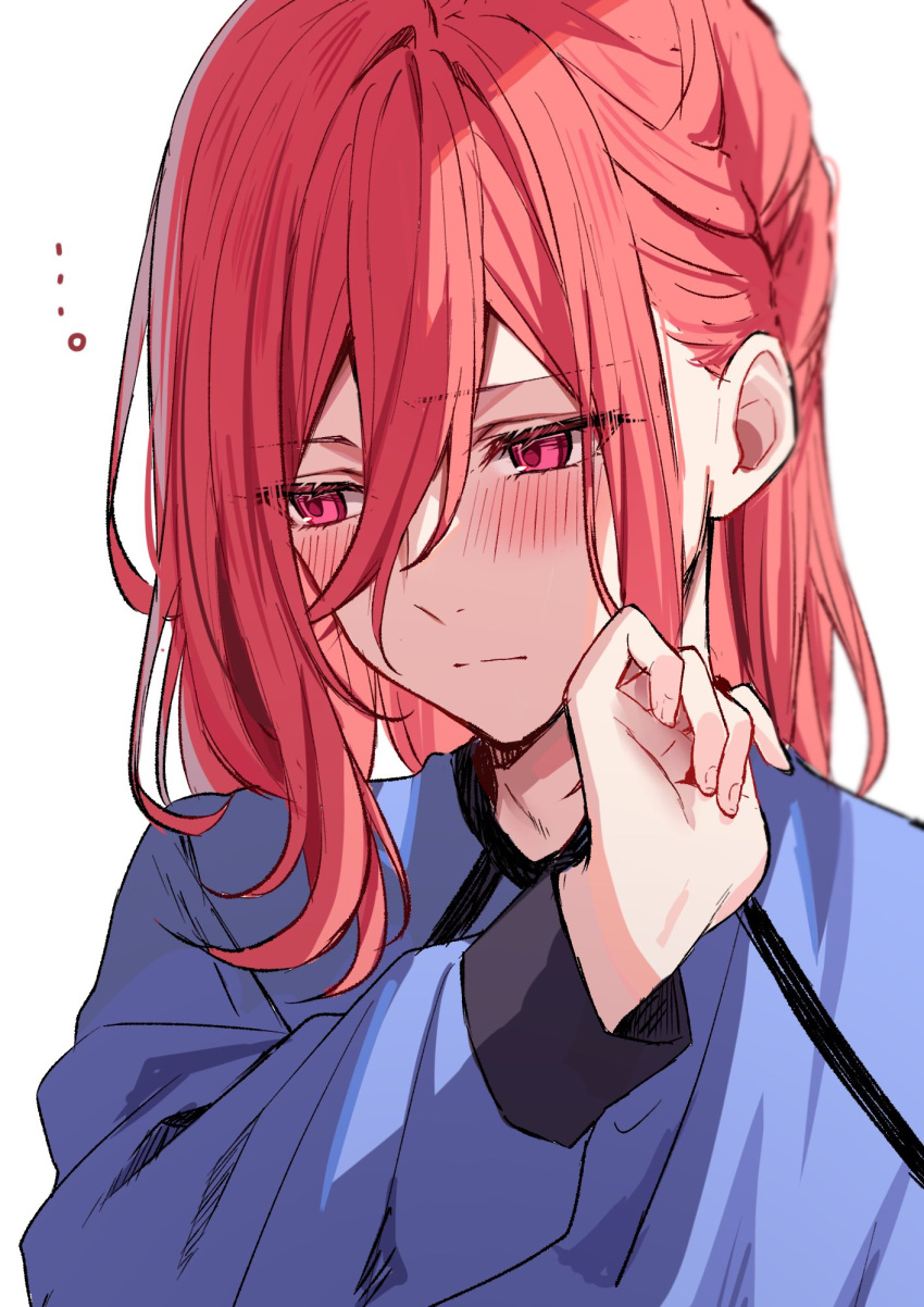 1boy blue_lock blue_shirt blush chigiri_hyoma closed_mouth hand_up highres long_hair long_sleeves looking_away male_focus pink_eyes redhead seyanaso shirt simple_background solo upper_body white_background