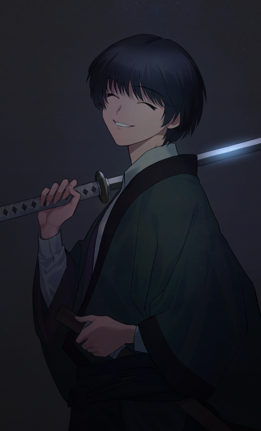 1boy ^_^ black_hair closed_eyes collared_shirt facing_to_the_side facing_viewer from_side green_kimono grey_background hand_up highres holding holding_sword holding_weapon japanese_clothes katana kimono long_sleeves male_focus okurase rurouni_kenshin scabbard seta_soujirou sheath shirt short_hair simple_background smile solo sword unsheathed upper_body weapon white_shirt wide_sleeves