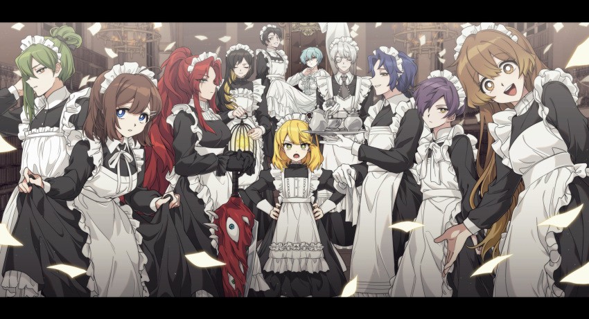 5boys 6+girls ahoge alternate_costume angela_(project_moon) apron bbunny binah_(project_moon) birdcage black_bow black_gloves black_hair black_necktie blonde_hair blue_eyes blue_hair bow breasts brown_eyes brown_hair cage chandelier chesed_(project_moon) closed_mouth dress enmaided frown gebura_(project_moon) gloves green_eyes green_hair hair_bow high_ponytail highres hod_(project_moon) hokma_(project_moon) holding holding_tray juliet_sleeves large_breasts library_of_ruina long_sleeves looking_at_viewer maid maid_day maid_headdress malkuth_(project_moon) multiple_boys multiple_girls necktie netzach_(project_moon) open_mouth pages project_moon puffy_sleeves purple_hair redhead roland_(library_of_ruina) sidelocks sitting smile tiphereth_a_(project_moon) tray white_apron white_dress white_gloves yellow_eyes yesod_(project_moon)