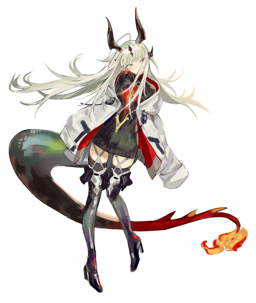 1girl absurdres antenna_hair arknights black_footwear black_sweater black_thighhighs blonde_hair breasts closed_mouth coat commentary dragon_girl dragon_horns dragon_tail expressionless flame-tipped_tail floating_hair full_body garter_straps green_eyes hair_over_mouth high_heels highres horns jewelry light_in_heart long_hair looking_to_the_side medium_breasts multiple_horns necklace open_clothes open_coat px2011 reed_(arknights) ribbed_sweater simple_background sleeves_past_fingers sleeves_past_wrists solo standing sweater tail thigh-highs white_background white_coat zettai_ryouiki