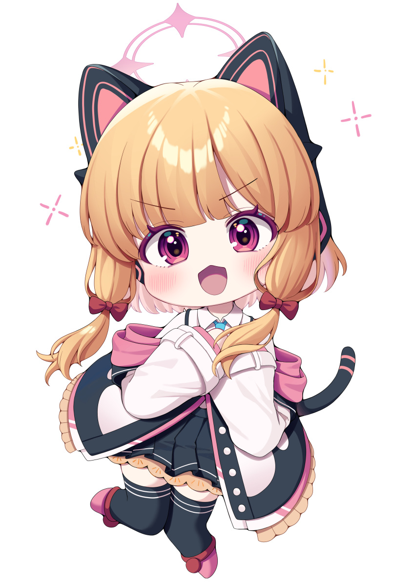 1girl :3 :d absurdres animal_ear_headphones animal_ears black_skirt black_thighhighs blue_archive blue_necktie blunt_bangs cat_ear_headphones cat_tail chibi coat collared_shirt commentary fake_animal_ears fake_tail full_body hair_ribbon halo headphones highres long_sleeves looking_at_viewer metaljelly momoi_(blue_archive) necktie open_clothes open_coat orange_hair parted_bangs pleated_skirt ribbon school_uniform shirt short_hair sidelocks simple_background skirt smile solo suspender_skirt suspenders tail thigh-highs tress_ribbon violet_eyes white_background white_coat white_shirt zettai_ryouiki