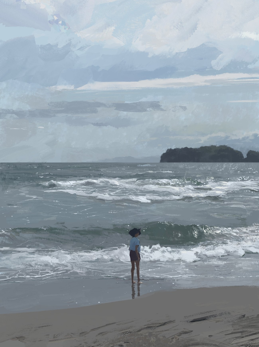 1other ambiguous_gender beach clouds cloudy_sky grey_sky highres horizon island ocean original painting_(medium) scenery shore sky slow_d solo traditional_media waves