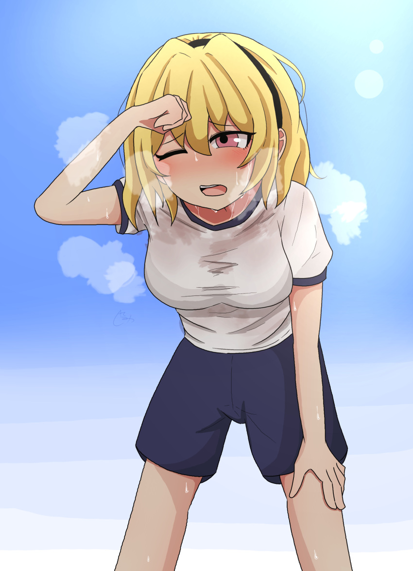 1girl amamitsu9 arm_up bent_over blonde_hair blue_sky blush bra_visible_through_clothes breasts breath commentary eyelashes gym_uniform hair_between_eyes hairband hand_on_forehead hand_on_own_thigh heavy_breathing highres higurashi_no_naku_koro_ni houjou_satoko medium_breasts one_eye_closed open_mouth outdoors pink_eyes see-through see-through_shirt shirt short_sleeves shorts sky solo sweat sweaty_clothes t-shirt