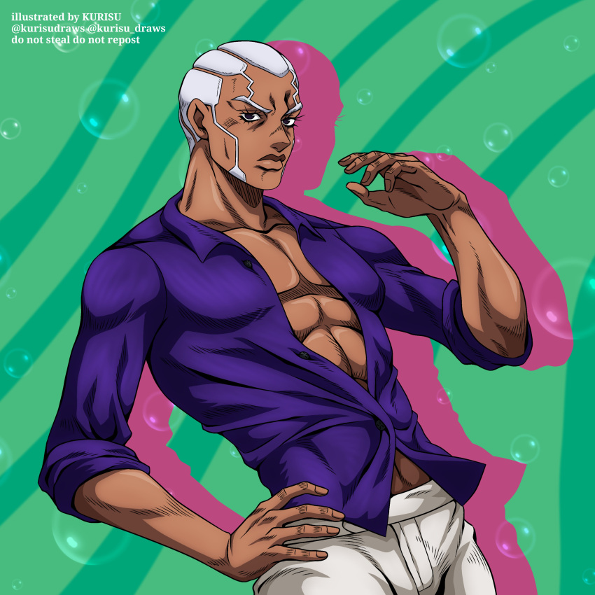 1boy abs absurdres black_eyes bubble collared_shirt colored_shadow dark-skinned_male dark_skin drop_shadow english_commentary enrico_pucci green_background hand_on_own_hip hand_up highres jojo_no_kimyou_na_bouken jojo_pose kurisu_draws long_sleeves looking_at_viewer male_focus muscular muscular_male open_clothes pants priest purple_shirt shadow shirt short_hair sideburns sleeves_rolled_up solo stone_ocean striped striped_background twitter_username very_short_hair watermark white_hair white_pants