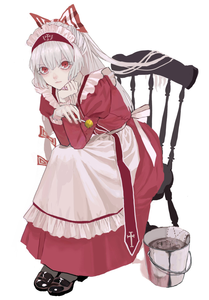 1girl alternate_costume apron black_footwear bow bucket candy chair closed_mouth commentary_request dress enmaided food fujiwara_no_mokou full_body grey_hair hair_bow highres holding holding_candy holding_food holding_lollipop juliet_sleeves leaning_forward lollipop long_hair long_sleeves looking_at_viewer maid maid_headdress nanasuou puffy_sleeves red_bow red_dress red_eyes simple_background sitting solo touhou towel waist_apron water white_apron white_background white_bow