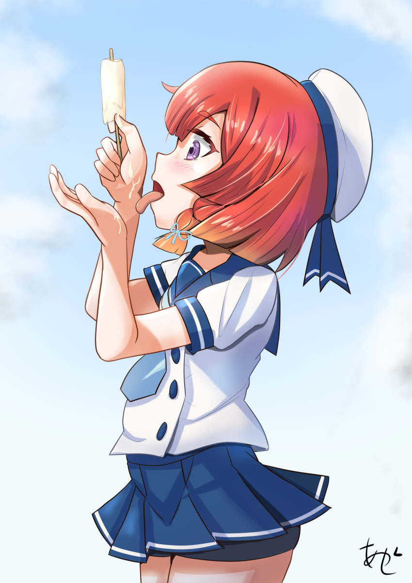 1girl akashieru beret bike_shorts braid etorofu_(kancolle) food hat highres holding_popsicle ice_cream kantai_collection licking licking_hand melting miniskirt one-hour_drawing_challenge popsicle redhead school_uniform serafuku short_hair skirt twin_braids violet_eyes