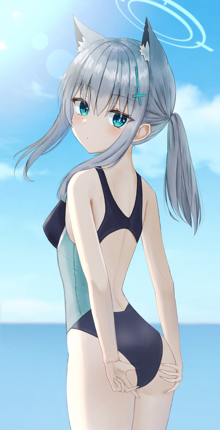 1girl absurdres animal_ears ass blue_archive blue_eyes competition_swimsuit grey_hair hair_ornament hairpin halo heterochromia highres iris37337 looking_at_viewer medium_hair one-piece_swimsuit ponytail shiroko_(blue_archive) shiroko_(swimsuit)_(blue_archive) solo swimsuit thighs wolf_ears