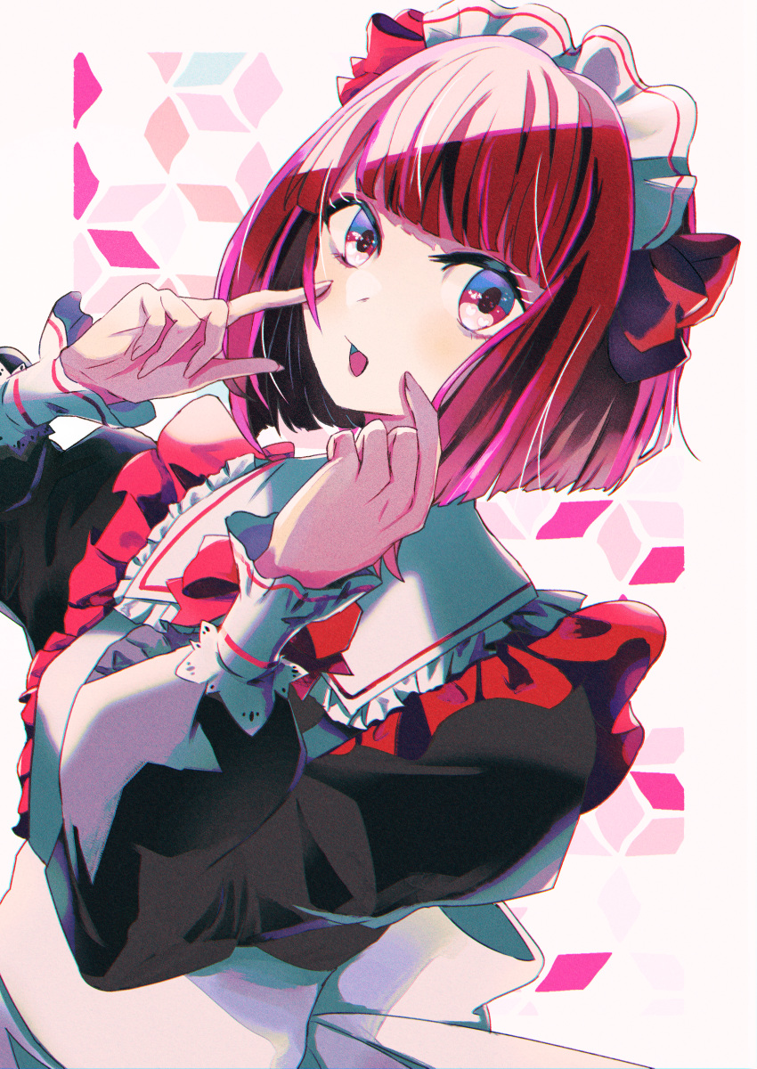 1girl absurdres alternate_costume apron arima_kana black_dress blunt_bangs blush bob_cut commentary dress enmaided frilled_dress frills hidzumi highres long_sleeves maid maid_apron maid_headdress open_mouth oshi_no_ko red_eyes redhead short_hair solo