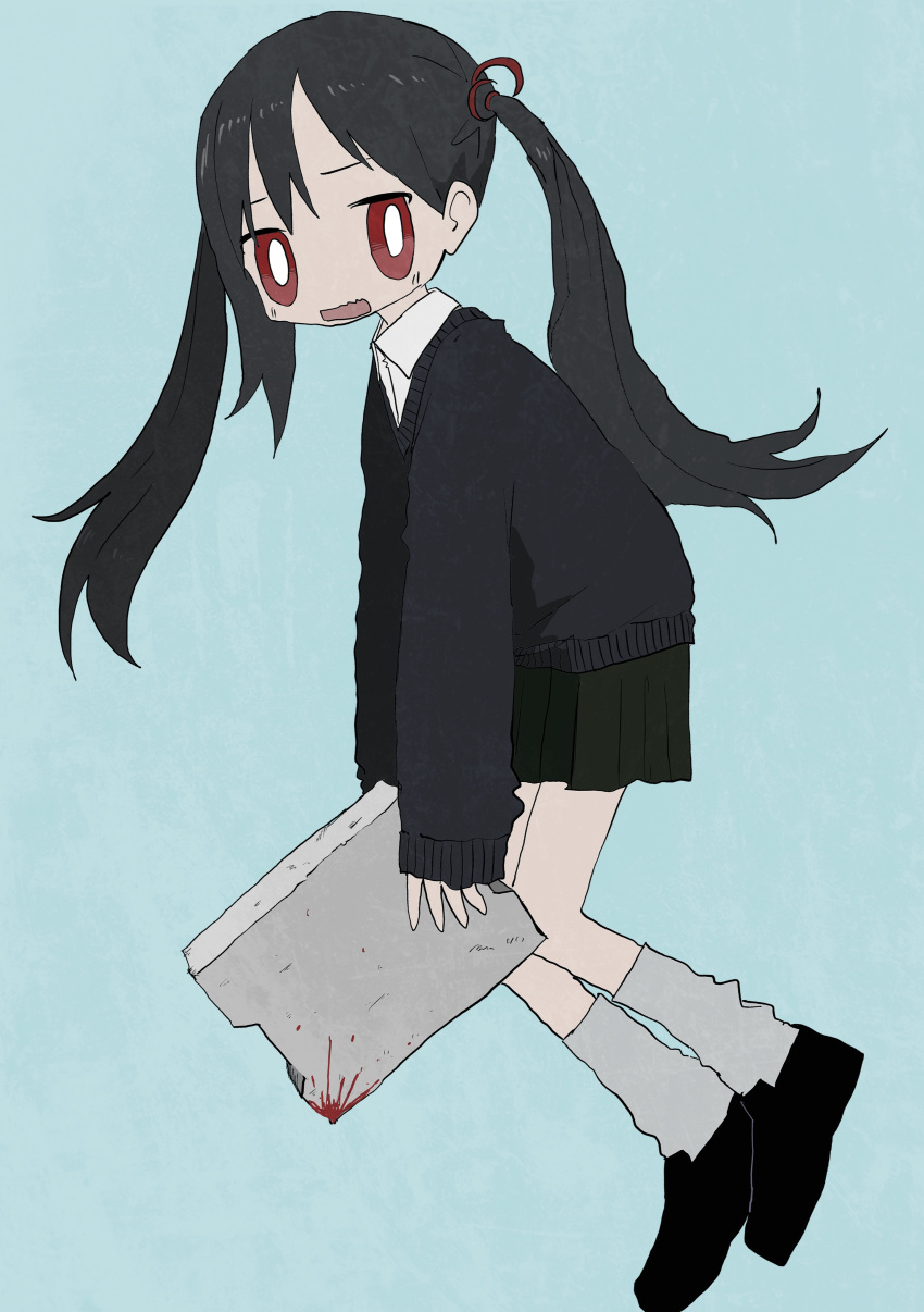 1girl absurdres black_cardigan black_hair black_skirt blood blood_on_weapon blue_background bright_pupils cardigan cinder_block collared_shirt commentary floating_hair from_side furrowed_brow grey_socks hair_behind_ear highres holding kneehighs loafers long_hair looking_at_viewer looking_to_the_side loose_socks original pleated_skirt red_eyes school_uniform shii595 shirt shoes simple_background skirt sleeves_past_wrists socks solo symbol-only_commentary twintails wavy_mouth weapon white_pupils white_shirt