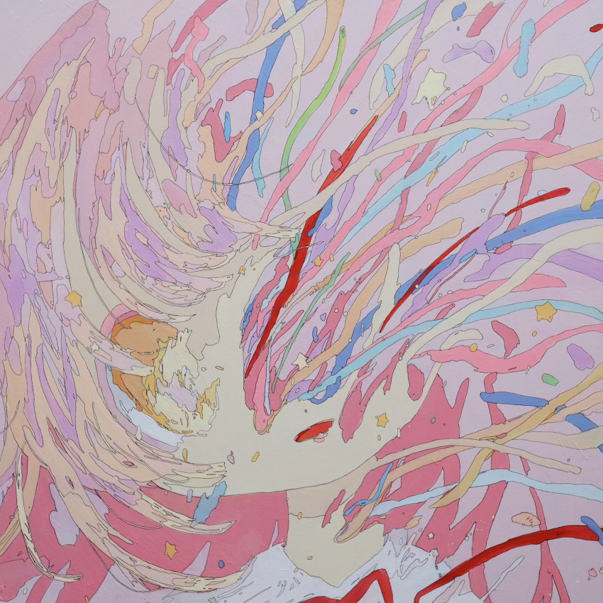 1girl abstract acrylic_paint_(medium) close-up disintegration dissolving dissolving_clothes head_tilt highres medium_hair open_mouth original painting_(medium) pink_background pink_hair portrait ribbon samehoshi simple_background solo star_(symbol) surreal traditional_media yellow_eyes