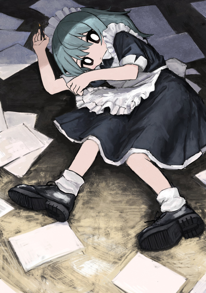 1girl absurdres apron black_eyes bright_pupils closed_mouth collared_dress commentary_request dress expressionless footwear_request frilled_apron frills green_hair hand_up highres holding holding_pen light_blush looking_at_viewer looking_down lying maid maid_apron maid_headdress on_ground on_side original paper pen shii595 shoes short_dress short_sleeves sleeve_cuffs solo white_pupils