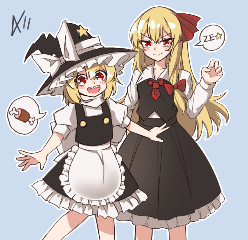 &gt;:) 2girls :d a-xii apron black_skirt black_vest blonde_hair blue_background bow breasts buttons cosplay costume_switch feet_out_of_frame frilled_skirt frills hair_bow hair_ribbon hat hat_bow hat_ornament highres kirisame_marisa kirisame_marisa_(cosplay) long_hair looking_at_viewer multiple_girls necktie outstretched_arms puffy_short_sleeves puffy_sleeves red_eyes red_necktie red_ribbon ribbon rumia rumia_(cosplay) sharp_teeth shirt short_hair short_sleeves simple_background single_sidelock skirt skirt_set small_breasts smile spoken_meat star_(symbol) star_hat_ornament teeth touhou turtleneck v-shaped_eyebrows vest waist_apron white_apron white_shirt witch_hat ze_(phrase)