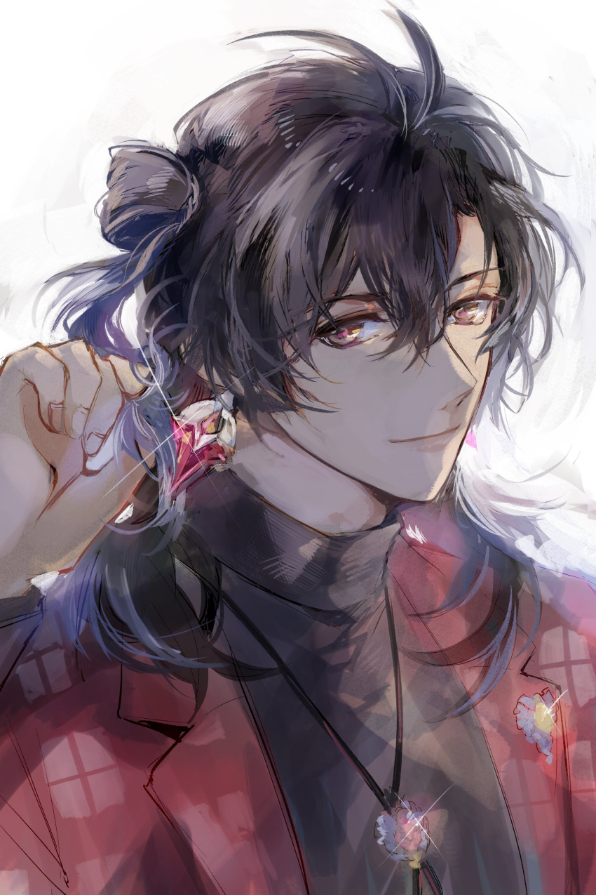 1boy absurdres antenna_hair black_hair black_shirt brown_eyes closed_mouth constantine_xi_(fate) earrings fate/grand_order fate_(series) glint hair_between_eyes hair_bun hand_in_own_hair highres jacket jewelry lapels long_hair looking_at_viewer male_focus notched_lapels official_alternate_costume open_clothes open_jacket pendant plaid plaid_jacket red_jacket shirt simple_background single_side_bun smile solo turtleneck umu_(um) upper_body white_background