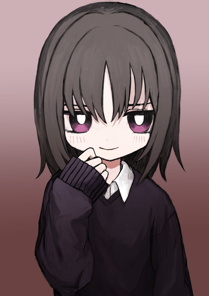 1girl absurdres black_sweater bright_pupils brown_hair collared_shirt evil_smile gradient_background half-closed_eyes hand_to_own_mouth hand_up highres light_blush looking_at_viewer medium_hair original red_background shii595 shirt sleeves_past_wrists smile solo sweater upper_body violet_eyes white_pupils white_shirt
