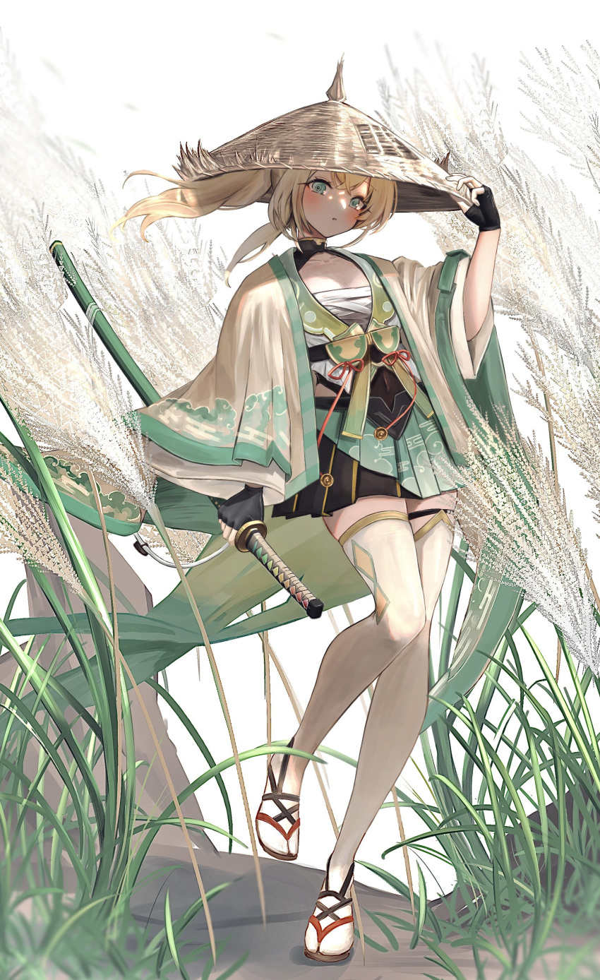 1girl absurdres black_gloves black_skirt blonde_hair blush chest_sarashi crossed_bangs day fingerless_gloves gloves grass green_eyes green_skirt hand_on_headwear haori hat highres hololive japanese_clothes katana kazama_iroha kazama_iroha_(1st_costume) long_sleeves looking_at_viewer maison_de_cante outdoors parted_lips pleated_skirt ponytail sandals sarashi sheath sheathed skirt solo standing standing_on_one_leg straw_hat sword thigh-highs two-tone_skirt virtual_youtuber weapon wheat_field white_thighhighs wide_sleeves