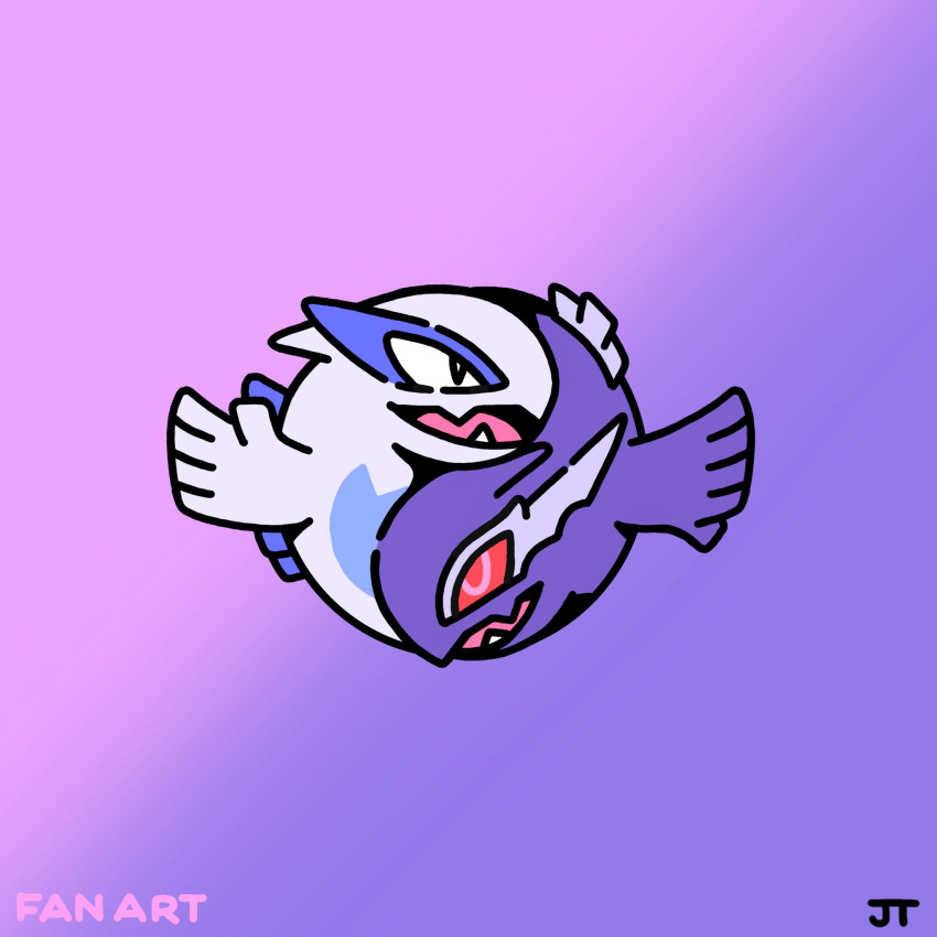 black_eyes bright_pupils commentary fang gradient_background highres james_turner lugia no_humans open_mouth pokemon pokemon_(creature) purple_background rotational_symmetry shadow_lugia signature skin_fang white_pupils