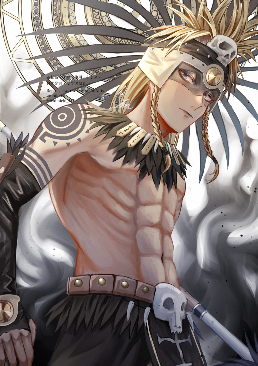 1boy abs absurdres arm_tattoo aztec bare_shoulders blue_eyes braid expressionless facepaint fate/grand_order fate_(series) gloves gold_necklace hair_ornament headdress highres holding holding_polearm holding_weapon ichimichi_111 jewelry long_hair looking_at_viewer male_focus mosaic_background necklace polearm shoulder_tattoo skull skull_hair_ornament solo tattoo tezcatlipoca_(fate) tezcatlipoca_(third_ascension)_(fate) topless_male traditional_clothes twin_braids upper_body weapon