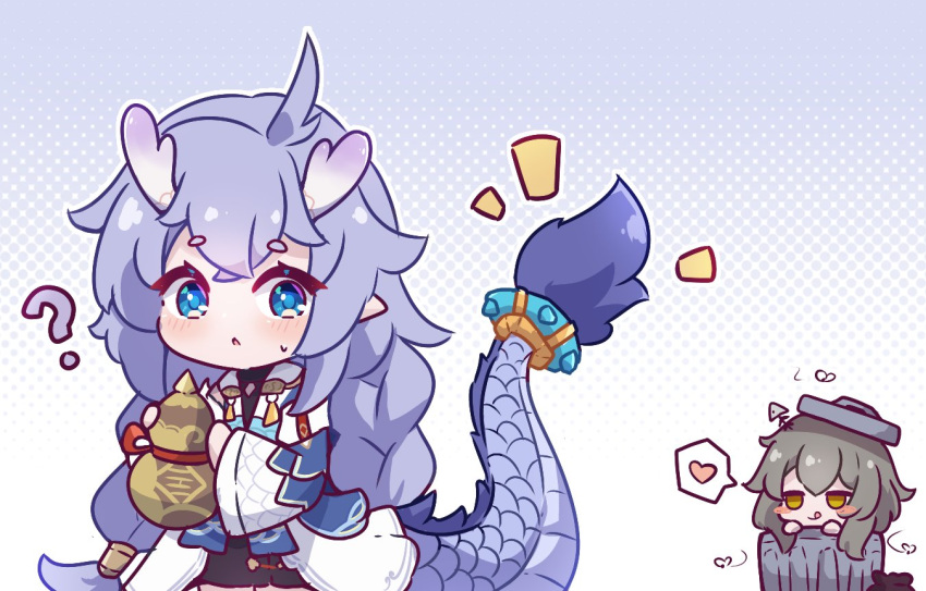 2girls :q ? antenna_hair bailu_(honkai:_star_rail) blue_eyes braid brown_eyes chinese_clothes commentary dragon dragon_girl dragon_horns dragon_tail eastern_dragon english_commentary grey_hair hair_between_eyes heart holding_gourd honkai:_star_rail honkai_(series) horns in_trash_can kurotofu long_hair looking_at_another low_twintails multiple_girls parted_lips pointy_ears purple_hair sidelocks simple_background spoken_heart stelle_(honkai:_star_rail) tail thick_eyebrows tongue tongue_out trailblazer_(honkai:_star_rail) trash_can trashcan_lid twin_braids twintails wide_sleeves