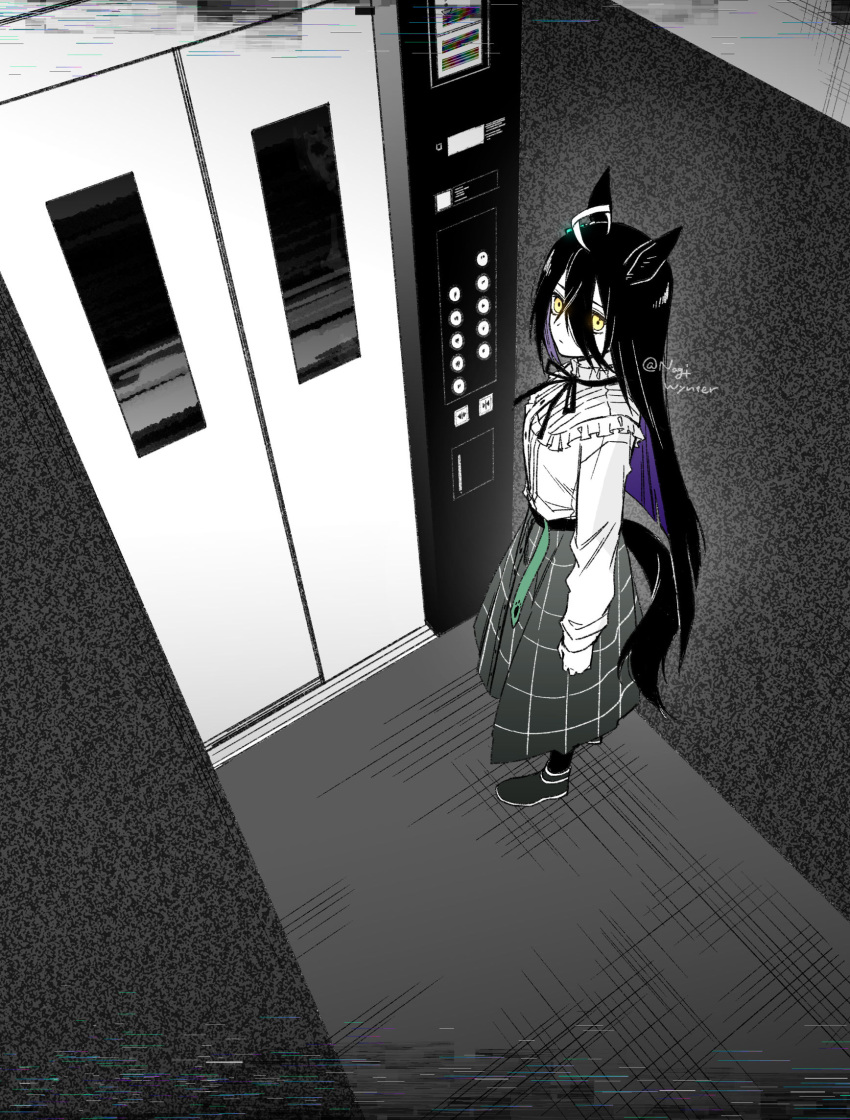 1girl ahoge animal_ears belt black_hair blunt_ends bun_no_nagi clenched_hand closed_mouth colored_inner_hair commentary elevator empty_eyes english_commentary expressionless fake_video from_above full_body glitch green_belt hair_between_eyes highres horse_ears horse_girl horse_tail long_bangs long_hair long_skirt long_sleeves looking_at_viewer looking_back looking_up manhattan_cafe_(umamusume) multicolored_hair neck_ribbon partially_colored plaid plaid_skirt purple_hair ribbed_shirt ribbon shirt shirt_tucked_in shoes skirt solo standing streaked_hair tail twitter_username umamusume white_hair yellow_eyes