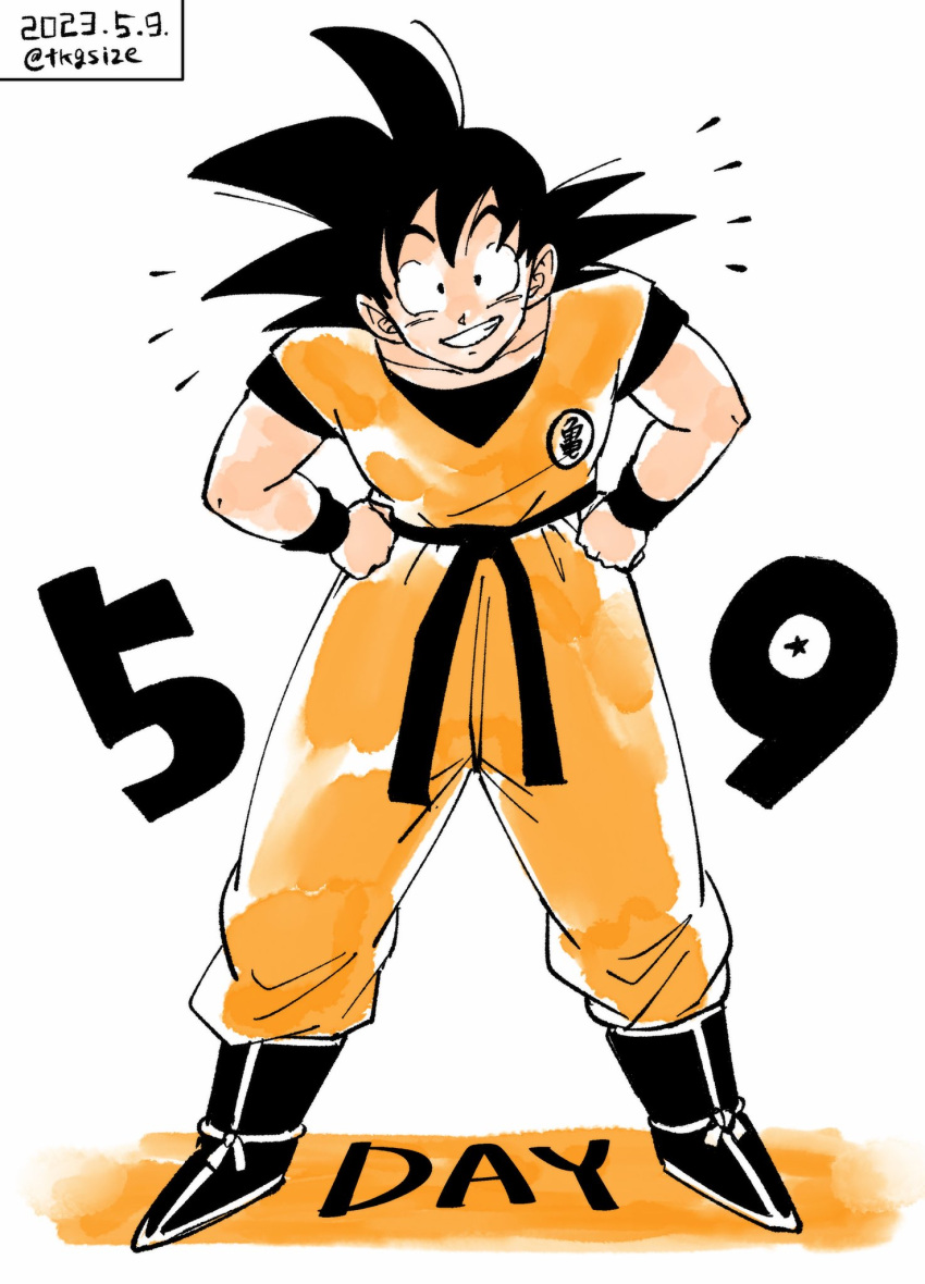 +++ 1boy 2023 ankle_boots bent_over black_eyes black_footwear black_hair black_sash black_shirt black_theme black_wristband boots clenched_hand clenched_hands clothes_writing collarbone commentary dated dougi dragon_ball dragon_ball_z full_body grin hair_between_eyes hair_strand hands_on_own_hips happy highres legs_apart limited_palette looking_at_viewer male_focus obi orange_pants orange_shirt orange_theme pants sash shirt short_sleeves simple_background smile son_goku spiky_hair standing tareme teeth tkgsize twitter_username undershirt white_background wide-eyed wristband