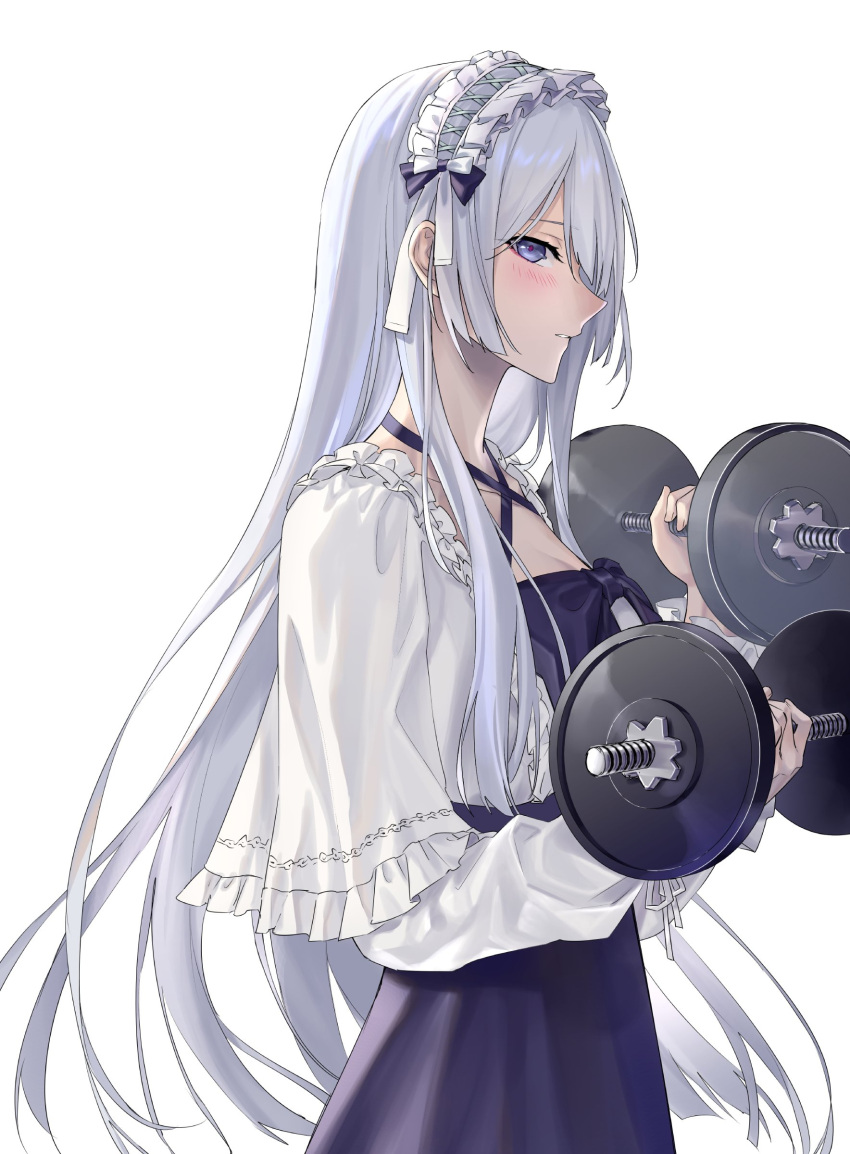 1girl absurdres ak-15_(girls'_frontline) blue_eyes blush commentary cowboy_shot criss-cross_halter dress dumbbell exercise frilled_hairband frills from_side girls_frontline hairband halter_dress halterneck highres long_hair long_sleeves purple_dress simple_background solo suprii very_long_hair weightlifting white_background white_hair
