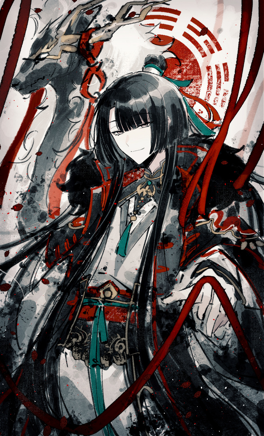 1boy asymmetrical_bangs black_coat black_hair changpao chinese_clothes chinese_commentary coat commentary curtained_hair fate/grand_order fate_(series) highres iny_(user_7250693) long_hair long_sleeves looking_at_viewer male_focus qilin_(mythology) smile solo tai_gong_wang_(fate) topknot waterpaint