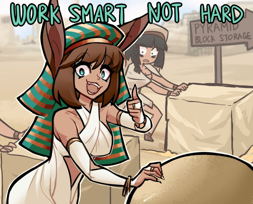 2girls animal_ears black_hair breasts brown_hair centurii-chan_(artist) dark_skin egypt egyptian_clothes egyptian_hat englishfanfgs eyeliner green_eyes jewelry looking_at_viewer makeup multiple_girls sign tagme thumbs_up traditional_dress