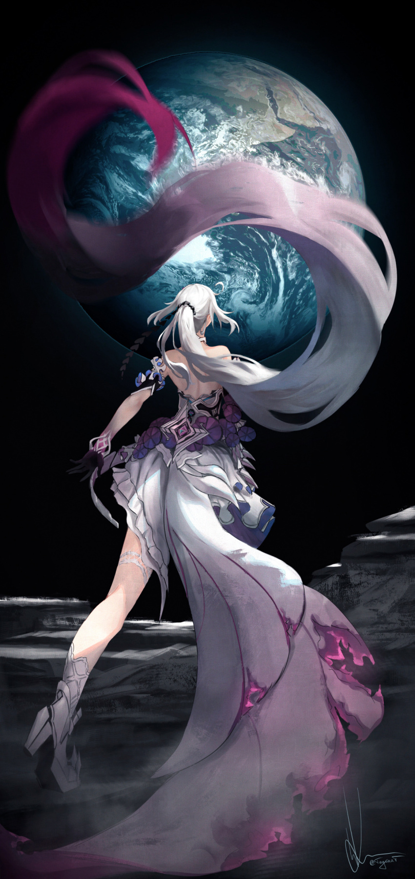 1girl absurdly_long_hair absurdres ahoge back bare_shoulders boots cape dress earth_(planet) gloves high_heel_boots high_heels highres honkai_(series) honkai_impact_3rd kiana_kaslana kiana_kaslana_(herrscher_of_finality) long_hair moon planet ponytail purple_gloves solo space standing tagcaat very_long_hair white_cape white_dress white_footwear white_hair