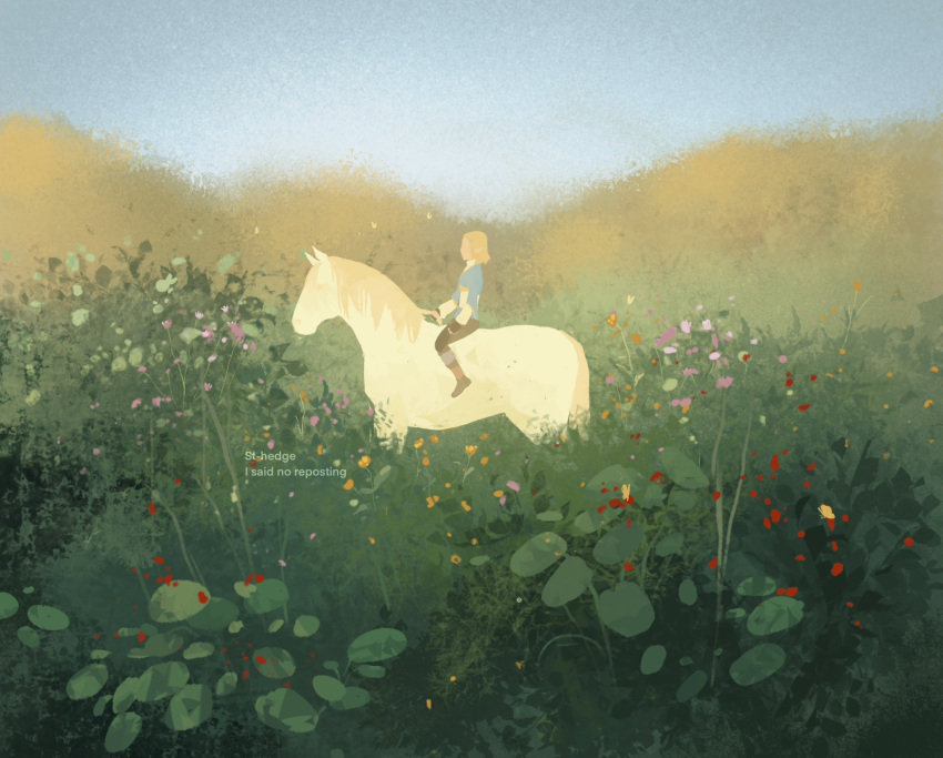 1girl animal blonde_hair brown_footwear brown_pants day fingerless_gloves flower from_side gloves grass green_shirt highres horse outdoors pants pink_flower plant pointy_ears princess_zelda red_flower riding shirt short_hair st_hedge the_legend_of_zelda the_legend_of_zelda:_breath_of_the_wild