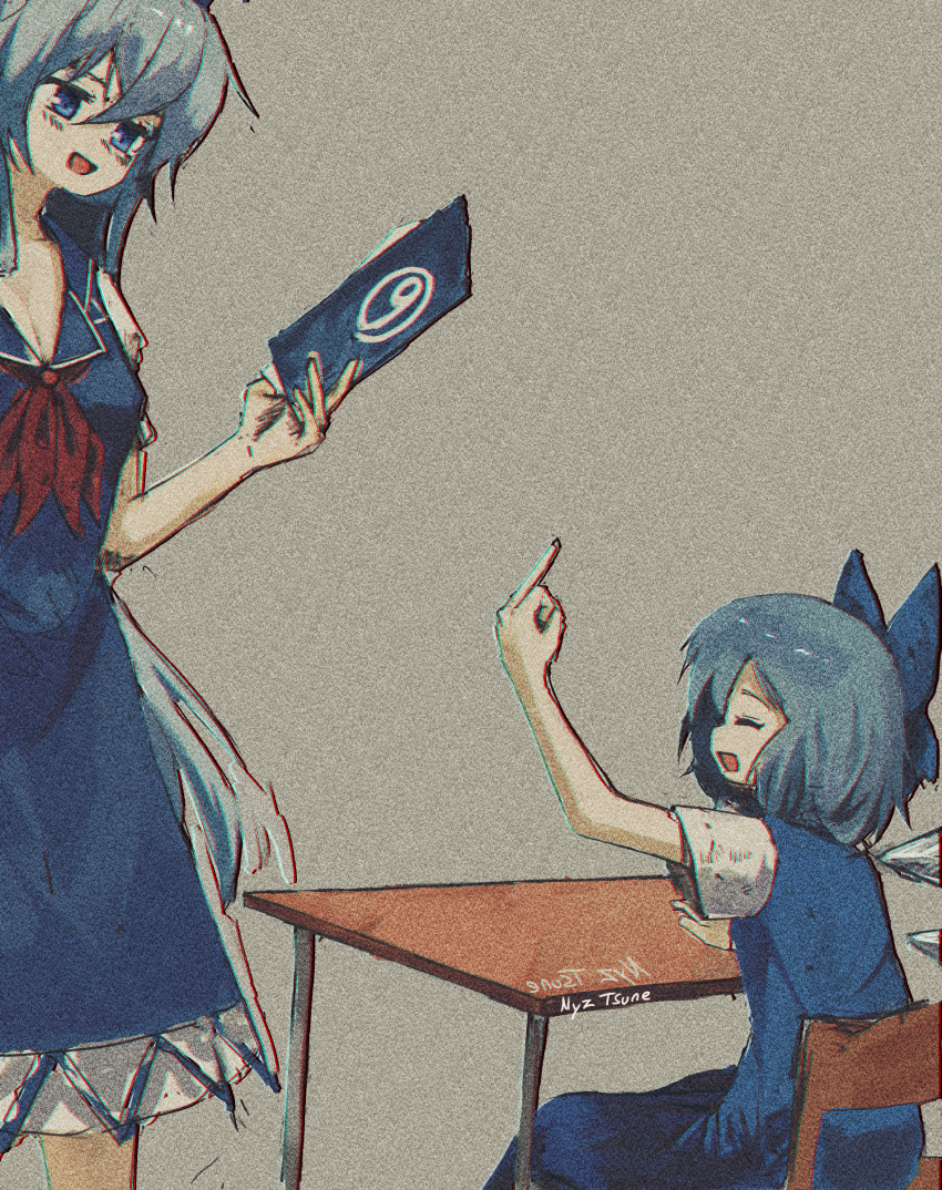 2girls absurdres artist_name blue_bow blue_dress blue_eyes blue_hair book bow chromatic_aberration circled_9 cirno desk dress hair_bow highres holding holding_book ice ice_wings kamishirasawa_keine middle_finger multiple_girls nyztsune school_desk sitting touhou wings