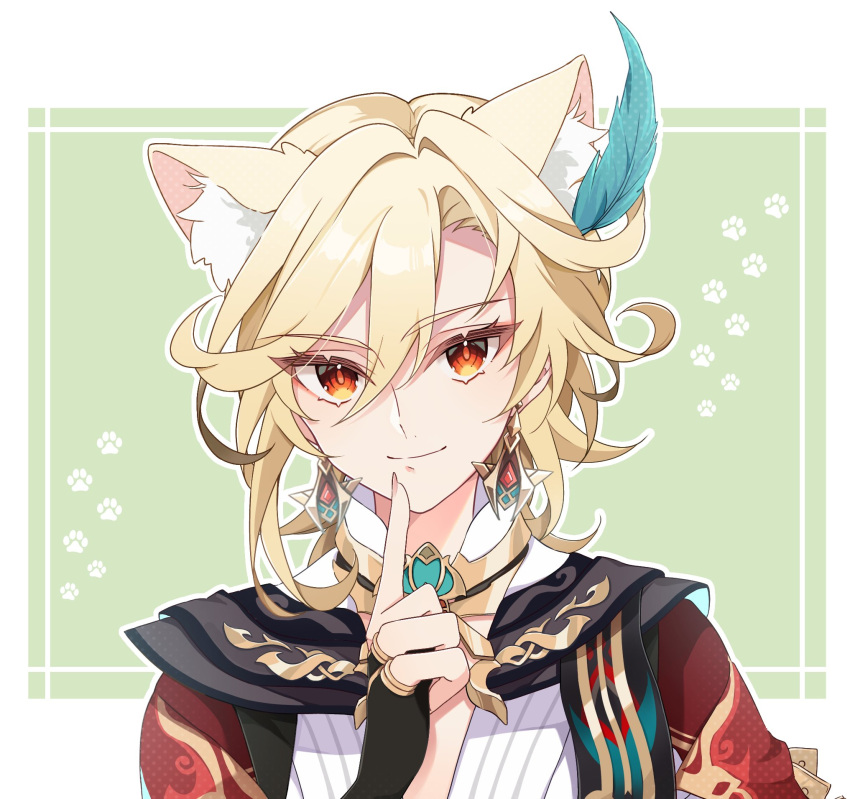 1boy animal_ears blonde_hair blue_feathers border cape cat_boy cat_ears chino_0830_tr closed_mouth earrings extra_ears feather_hair_ornament feathers genshin_impact green_background hair_ornament highres jewelry kaveh_(genshin_impact) long_sleeves male_focus red_cape red_eyes shirt smile solo white_border white_shirt