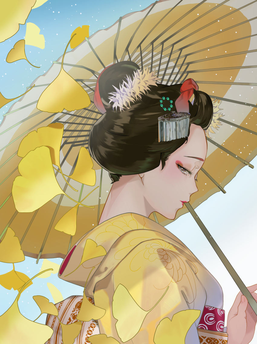 1girl absurdres beads black_eyes black_hair blue_sky closed_mouth day eyeliner falling_leaves flower from_side ginkgo_leaf hair_beads hair_bun hair_flower hair_ornament hair_pulled_back half-closed_eyes hand_up haruno_taku highres holding holding_umbrella japanese_clothes kimono leaf light_particles lipstick looking_at_viewer makeup nihongami obi oil-paper_umbrella original profile red_lips sash sideways_glance single_hair_bun sky umbrella updo upper_body yellow_kimono yellow_theme