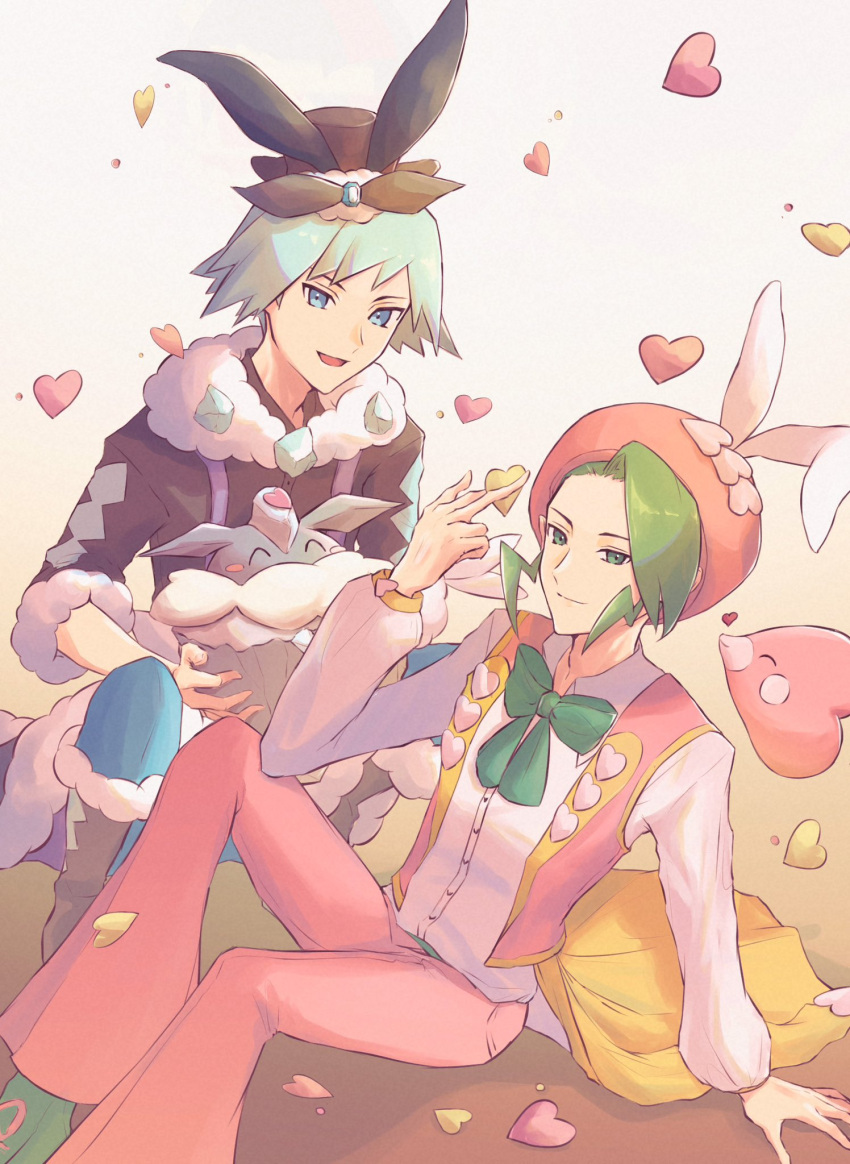 2boys alternate_costume anidf arm_support boots bow bowtie buttons carbink closed_eyes collared_shirt commentary_request green_bow green_bowtie green_eyes green_hair hat heart highres holding holding_pokemon luvdisc male_focus multiple_boys open_mouth pants pink_headwear pink_pants pokemon pokemon_(creature) ribbon shirt short_hair sitting smile squatting steven_stone suspenders wallace_(pokemon) white_shirt