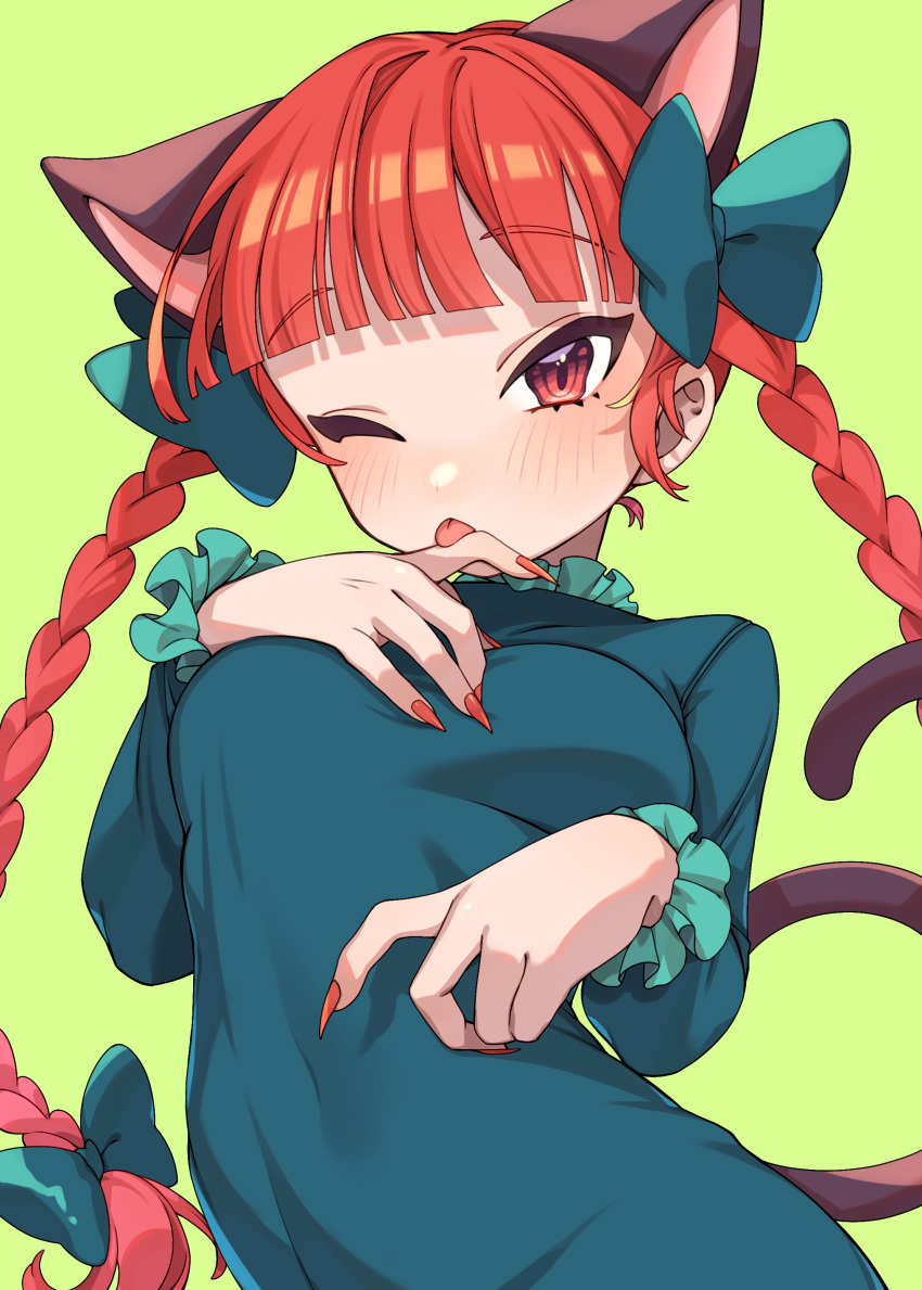 1girl absurdres animal_ears blunt_bangs blush bow braid breasts cat_ears cat_tail dress e_sdss fingernails frills from_below green_bow green_dress hair_bow hand_on_own_chest hand_up highres kaenbyou_rin licking licking_finger long_hair long_sleeves looking_at_viewer medium_breasts multiple_tails nail_polish nekomata one_eye_closed red_eyes red_nails redhead sharp_fingernails solo tail tongue tongue_out touhou tsurime twin_braids two_tails very_long_hair