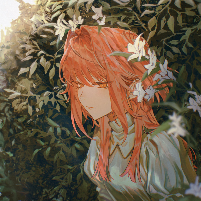 1girl blunt_bangs bush closed_mouth day flower from_side hair_intakes highres isaya_0987 juliet_sleeves long_hair long_sleeves looking_away nature original outdoors puffy_sleeves red_eyes redhead short_hair solo upper_body white_flower