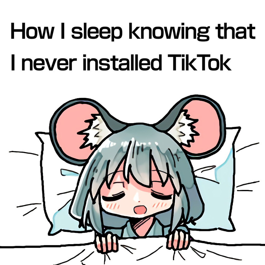 1girl animal_ears blanket blush closed_eyes covering_with_blanket dot_nose english_text grey_hair happy holding holding_blanket kasuya_baian medium_hair meme mouse_ears mouse_girl nap nazrin open_mouth pajamas pillow simple_background sleeping smile solo touhou white_background