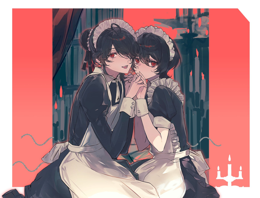 2boys ahoge apron black_hair border brothers covered_mouth crossdressing ensemble_stars! hair_over_one_eye highres holding_hands kyikyi long_sleeves looking_at_viewer maid maid_apron maid_headdress male_focus multiple_boys one_eye_covered open_mouth red_background red_eyes sakuma_rei_(ensemble_stars!) sakuma_ritsu short_sleeves siblings smile white_border