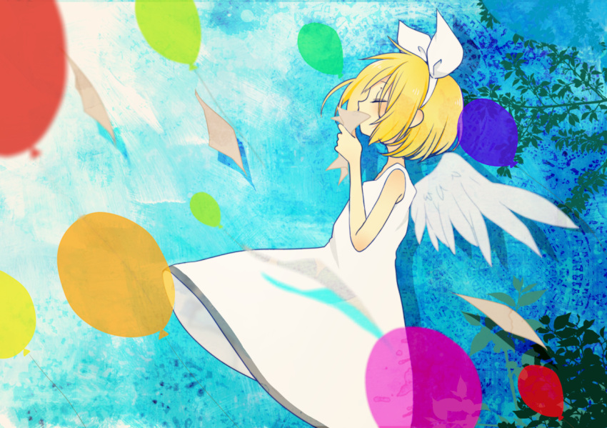 1girl angel_wings balloon blonde_hair blush branch closed_eyes commentary_request covered_mouth dress hairband holding holding_paper kagamine_rin noaxao paper solo vocaloid white_dress white_hairband white_wings wings