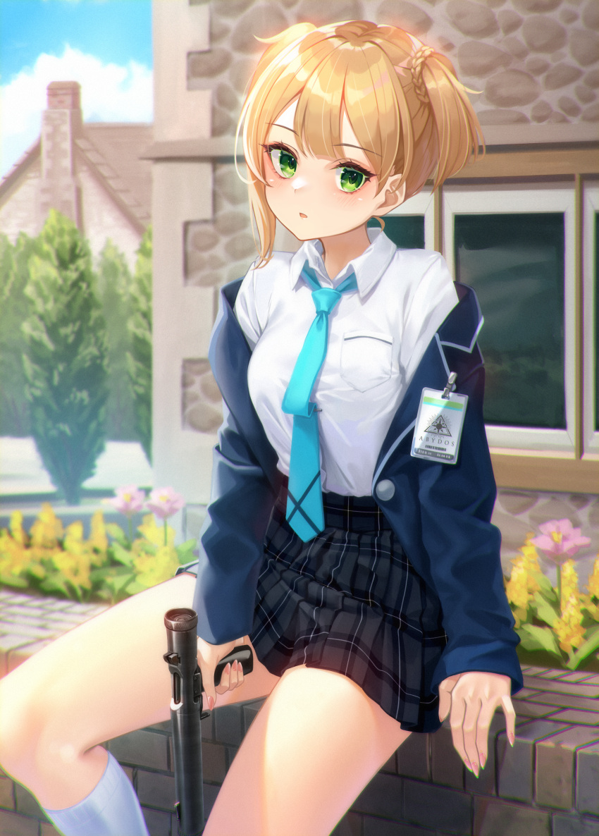 1girl absurdres blonde_hair blue_jacket blue_necktie blue_sky braid breasts checkered_clothes checkered_skirt clouds collared_shirt commentary commission day english_commentary enpera_(jdud8375) feet_out_of_frame fingernails flower green_eyes gun handgun highres holding holding_gun holding_weapon house id_card jacket light_blush long_sleeves looking_at_viewer medium_breasts nail_polish necktie open_clothes open_jacket original outdoors parted_lips pink_flower pink_nails shirt short_hair sitting skirt sky socks solo tree two_side_up weapon white_shirt white_socks yellow_flower