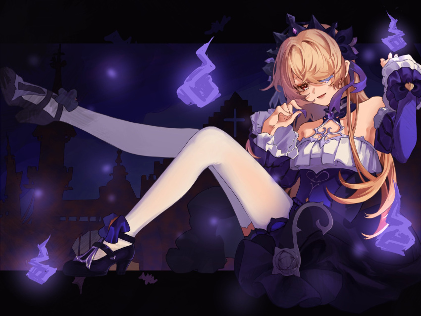1girl alternate_eye_color bare_shoulders blonde_hair blush bow breasts castle choker detached_sleeves dress eyepatch fischl_(ein_immernachtstraum)_(genshin_impact) fischl_(genshin_impact) frills gem genshin_impact hair_over_one_eye hair_ribbon high_heels highres hitodama jewelry long_hair long_sleeves looking_at_viewer medium_breasts official_alternate_costume official_alternate_eye_color open_mouth pantyhose purple_bow purple_choker purple_dress purple_footwear purple_gemstone purple_ribbon purple_sleeves red_eyes ribbon simple_background single_leg_pantyhose single_thighhigh siying smile solo thigh-highs tiara white_pantyhose white_thighhighs