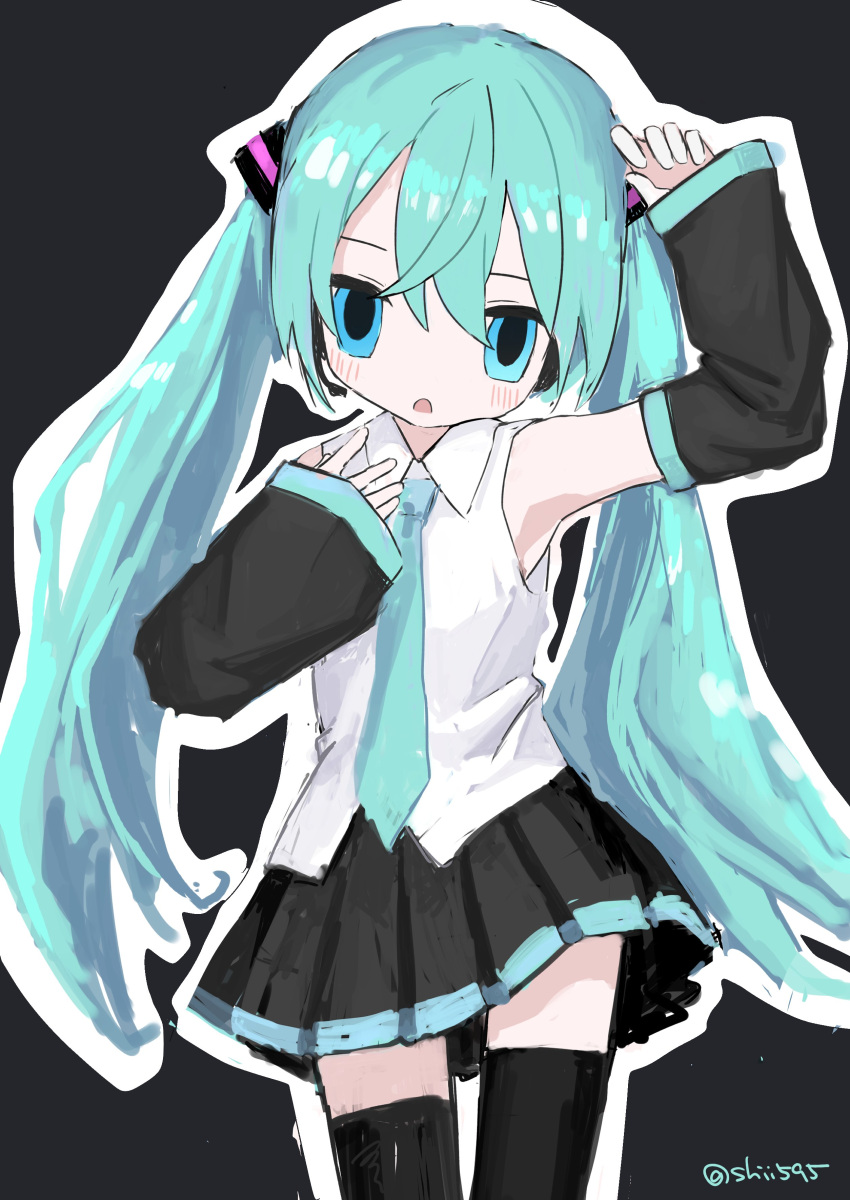 1girl absurdres aqua_eyes aqua_hair aqua_necktie arm_up black_background black_skirt black_thighhighs collared_shirt commentary cowboy_shot detached_sleeves expressionless hair_ornament half-closed_eyes hand_up hatsune_miku headphones highres light_blush long_hair looking_at_viewer microphone miku_day necktie open_mouth outline pleated_skirt shii595 shirt simple_background skirt sleeveless sleeveless_shirt solo thigh-highs twintails twitter_username vocaloid white_outline white_shirt zettai_ryouiki