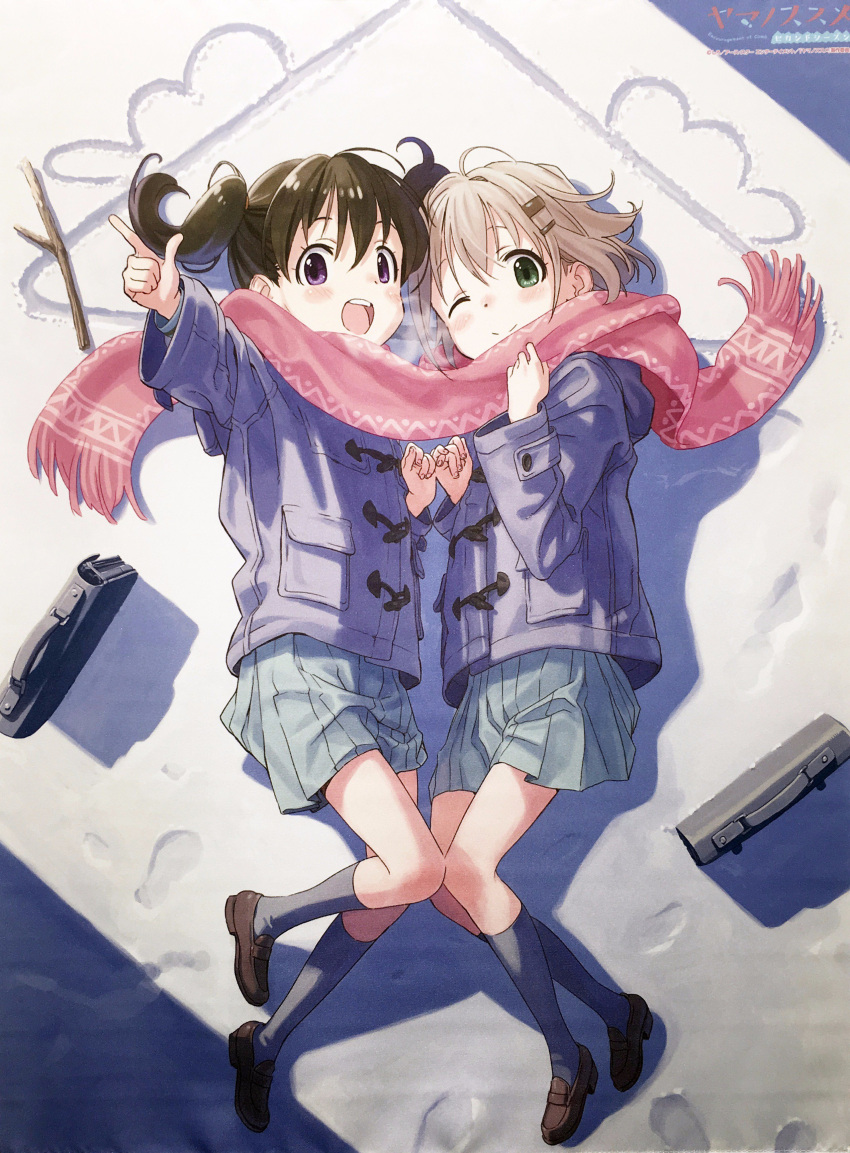 2girls absurdres bag blue_jacket brown_footwear commentary_request footprints green_eyes hair_ornament hairclip highres jacket kneehighs kuraue_hinata loafers looking_at_viewer lying matsuo_yuusuke multiple_girls official_art on_side photo_(medium) pinky_swear pleated_skirt pointing scarf school_bag shared_clothes shared_scarf shoes skirt smile snow socks stick twintails violet_eyes yama_no_susume yukimura_aoi