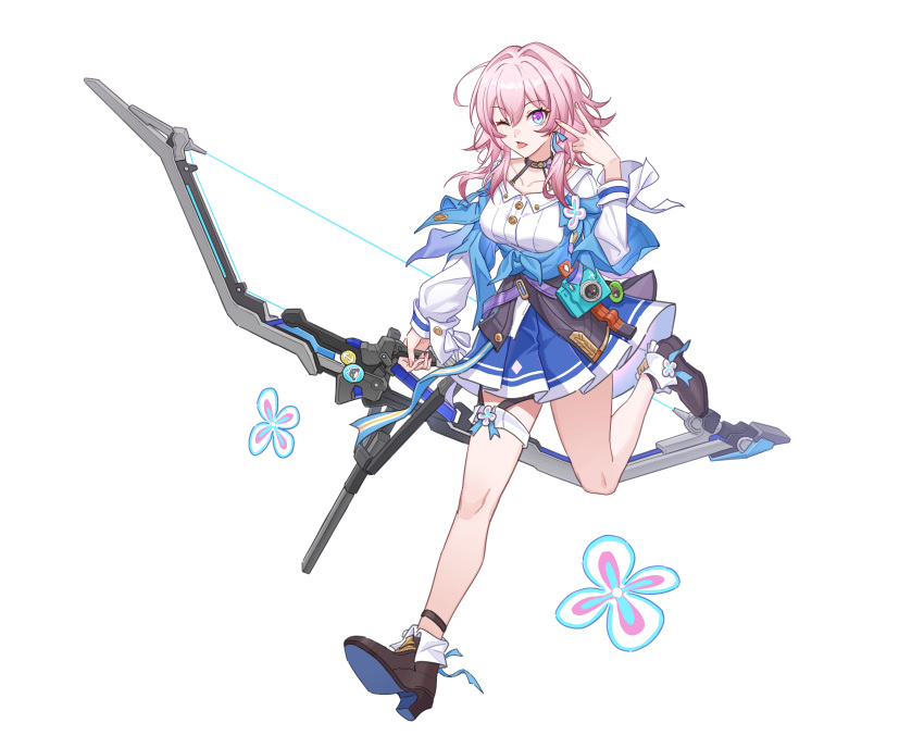 1girl absurdres ankle_boots black_choker black_footwear blue_skirt boots bow_(weapon) breasts camera choker full_body hand_up highres holding holding_bow_(weapon) holding_weapon honkai:_star_rail honkai_(series) long_sleeves looking_at_viewer march_7th_(honkai:_star_rail) medium_breasts medium_hair meng_qian_guang multicolored_eyes one_eye_closed pink_hair shirt simple_background skirt solo thighlet tongue tongue_out v weapon white_background white_shirt