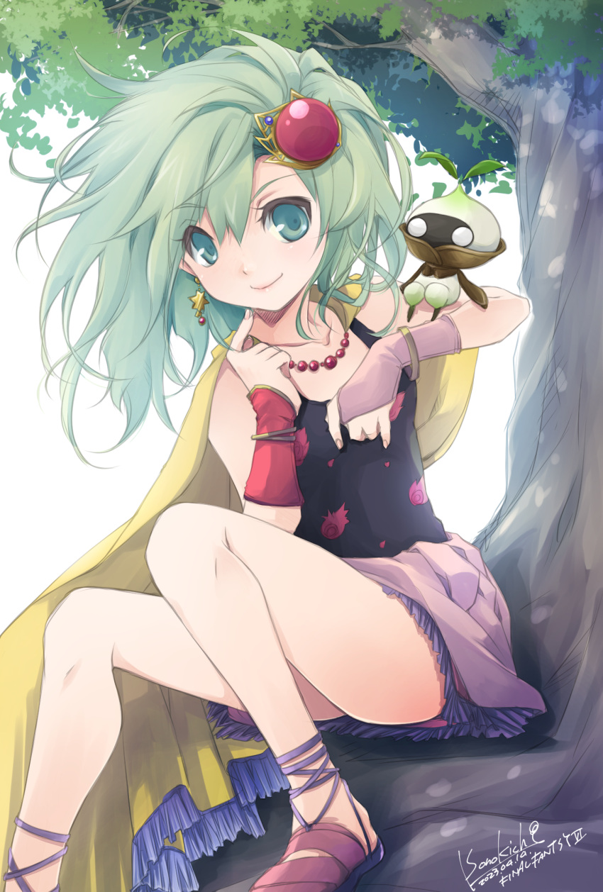 1girl 1other arm_up artist_name bead_necklace beads black_leotard bracelet cape earrings final_fantasy final_fantasy_iv finger_to_mouth gem green_eyes green_hair grey_sarong hair_ornament highres jewelry legs leotard long_hair looking_at_viewer necklace outdoors print_leotard rydia_(ff4) sandals sarong sitting smile sono_kichi star_(symbol) star_earrings thighs tree yellow_cape