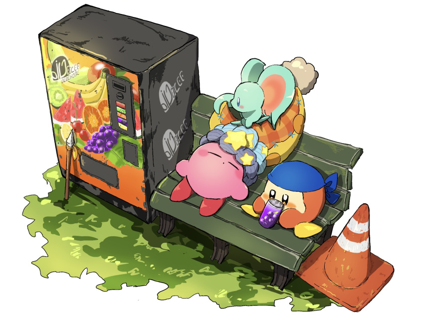 animal_ears bandana bandana_waddle_dee bench blue_bandana blush_stickers can cns colored_skin elfilin hat highres holding holding_can kirby kirby_(series) kirby_and_the_forgotten_land mouse_ears no_humans pink_skin polearm sitting sleeping solid_oval_eyes spear star_(symbol) traffic_cone vending_machine weapon