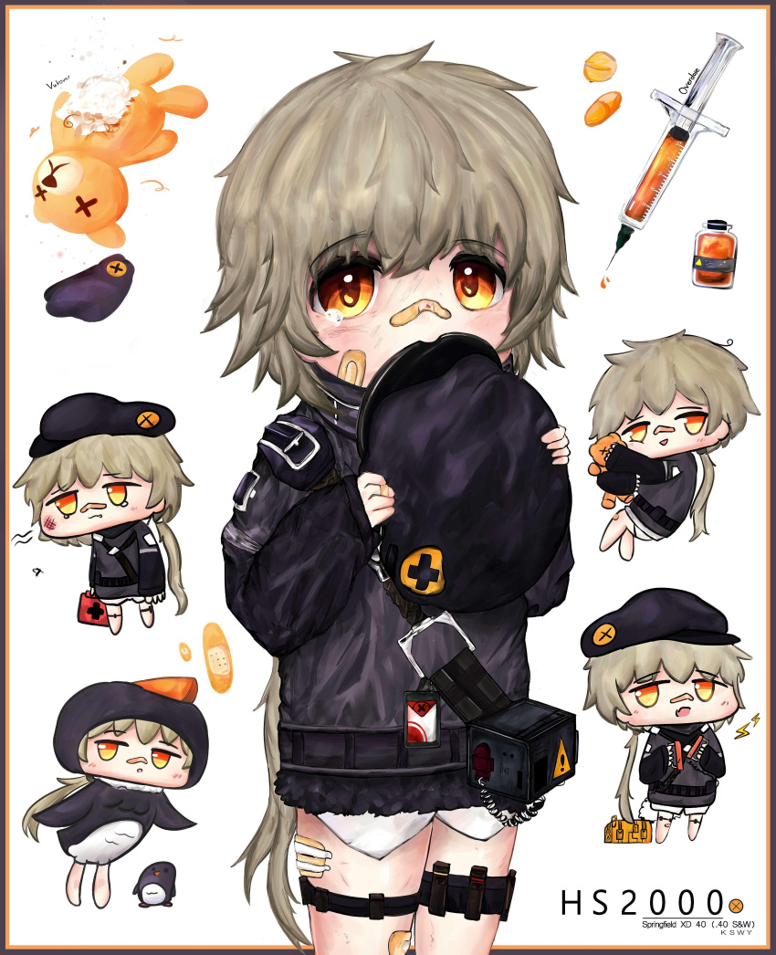 absurdres alternate_costume animal_costume bandaid bandaid_on_face bandaid_on_knee bandaid_on_leg bandaid_on_nose beret blush character_name chibi closed_mouth cowboy_shot defibrillator full_body girls_frontline hat highres holding holding_stuffed_toy hs2000_(girls'_frontline) light_brown_hair long_hair long_sleeves multiple_views open_mouth orange_eyes pill stuffed_animal stuffed_toy stuffing_scone syringe teddy_bear white_background