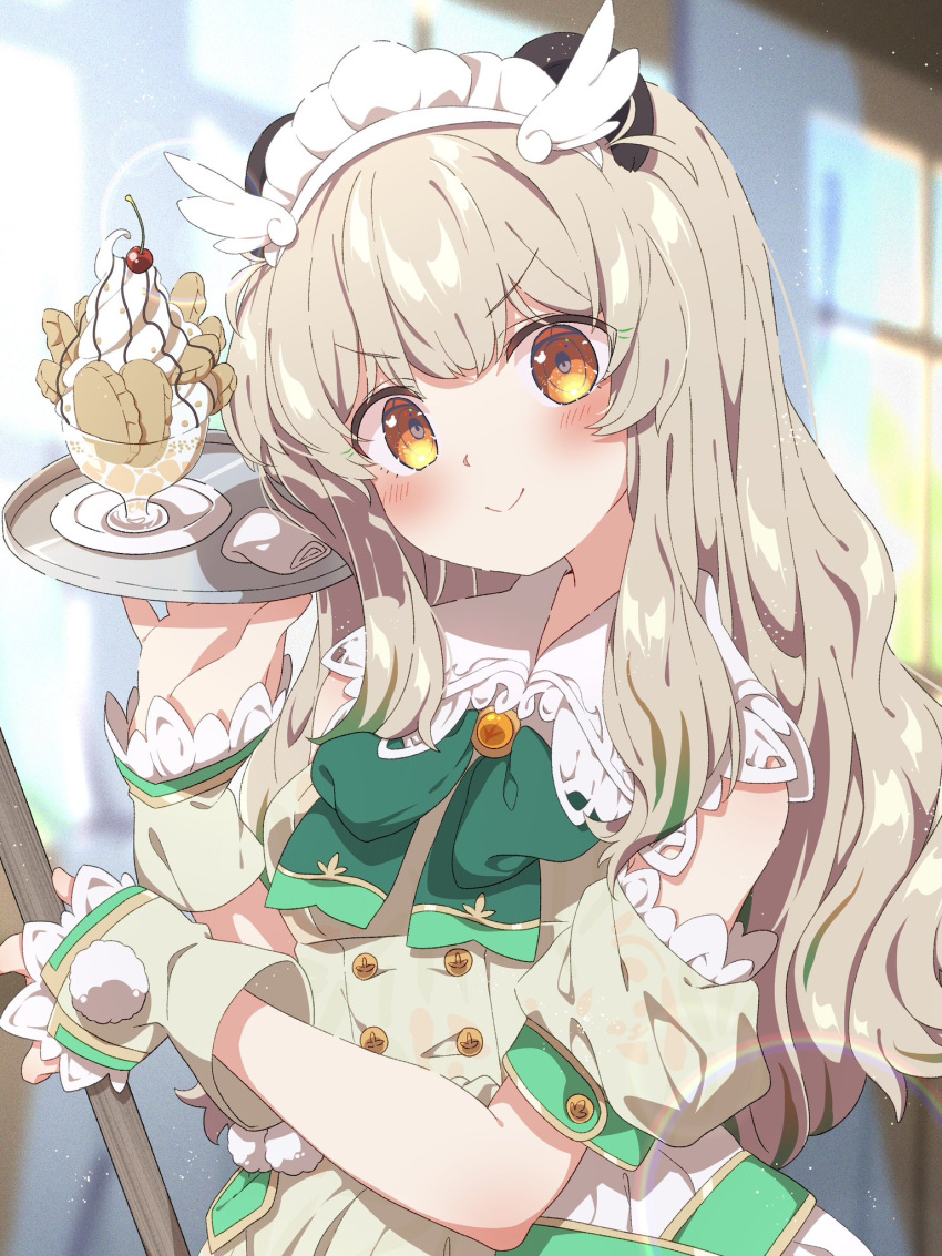 1girl alternate_costume blurry blurry_background blush character_request clothing_cutout commentary_request curtains gloves grey_hair hair_between_eyes hair_ornament highres indie_virtual_youtuber kotori_inaka maid_day maid_headdress parfait shoulder_cutout smile solo tray virtual_youtuber window yellow_eyes