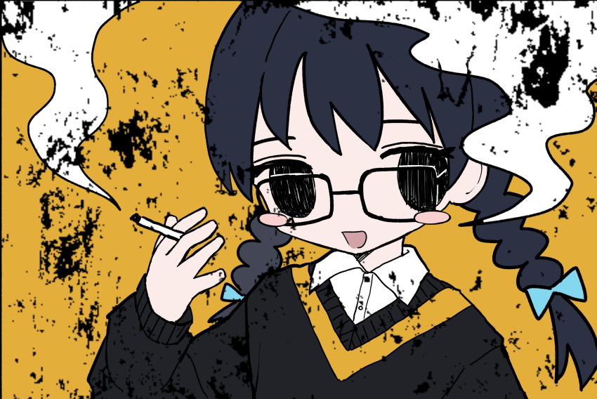 1girl between_fingers black_eyes black_hair black_sweater blush_stickers braid cigarette commentary dress_shirt glasses hand_up highres holding holding_cigarette long_sleeves looking_at_viewer medium_hair no_pupils open_mouth original shii595 shirt shirt_under_sweater smile smoke_trail solo sweater symbol-only_commentary twin_braids upper_body white_shirt yellow_background