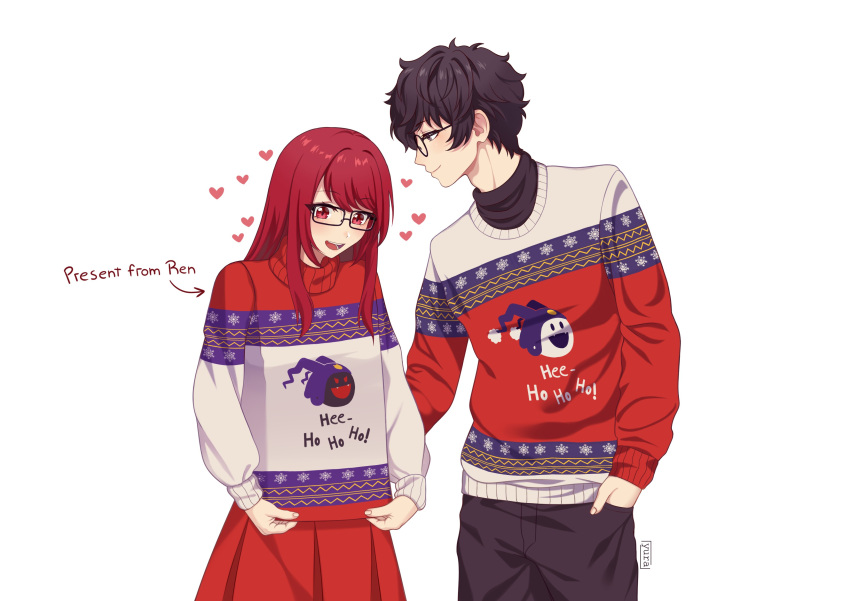 1boy 1girl absurdres amamiya_ren black_hair blush character_print christmas christmas_sweater curly_hair glasses highres long_hair long_sleeves multicolored_sweater persona persona_5 persona_5_the_royal print_sweater red_eyes red_sweater redhead scribble short_hair smile sweater ugly_sweater yoshizawa_kasumi yoshizawa_sumire yura_s_arts