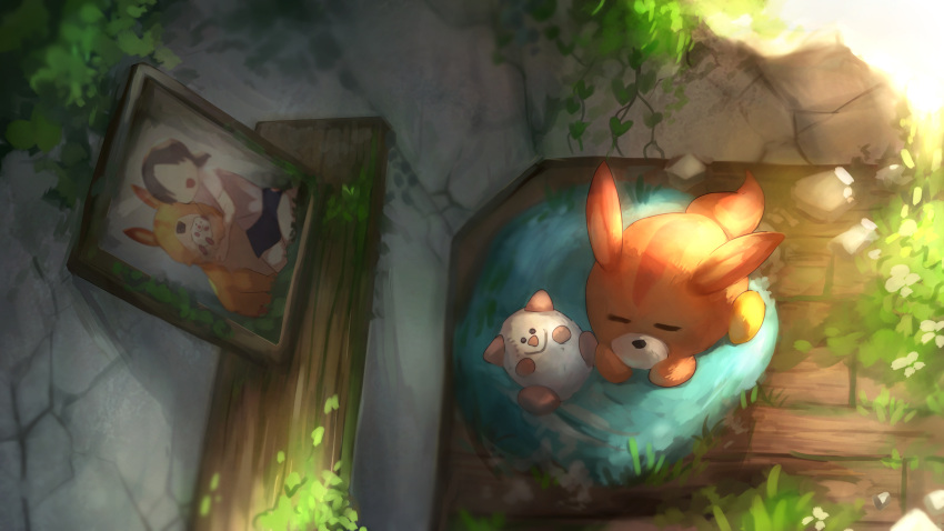 absurdres animal_ears animal_focus awoofy closed_eyes doll faceless faceless_female female_child flower grass highres kirby_(series) kirby_and_the_forgotten_land moss orange_fur photo_(object) shiburingaru sleeping smile tail wondog